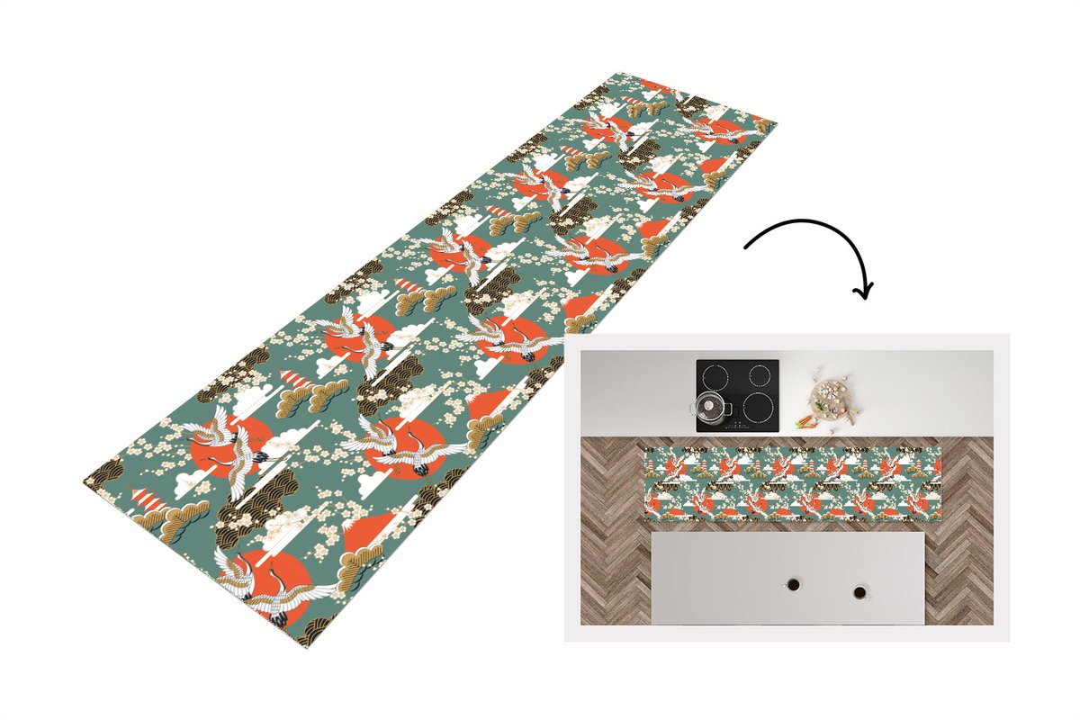 KitchenYeah Keukenloper 200x50 cm - Keukenmat vinyl Kraanvogel - Sakura - Zon - Patronen - Keukenmatten loper - Keuken vloerkleed tapijt Kraanvogel - Sakura - Patronen
