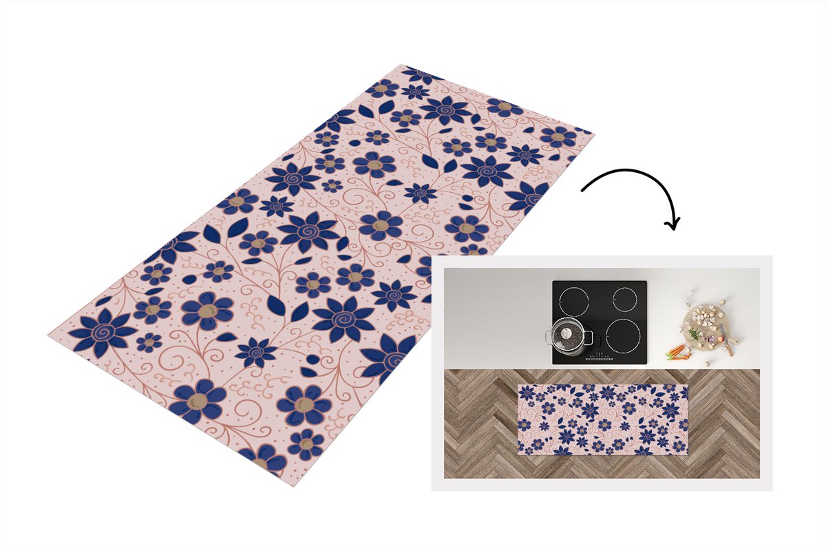 KitchenYeah Keukenloper 120x50 cm - Keukenmat vinyl Bloemen - Blauw - Japan - Patronen - Keukenmatten loper - Keuken vloerkleed tapijt