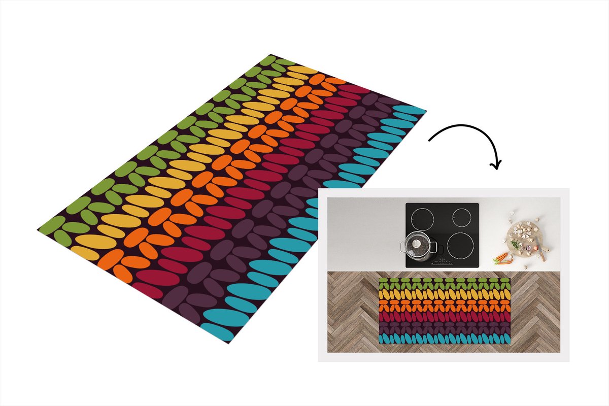 KitchenYeah Keukenloper 120x60 cm - Keukenmat vinyl Haakpatronen - Retro - Regenboog - Keukenmatten loper - Keuken vloerkleed tapijt