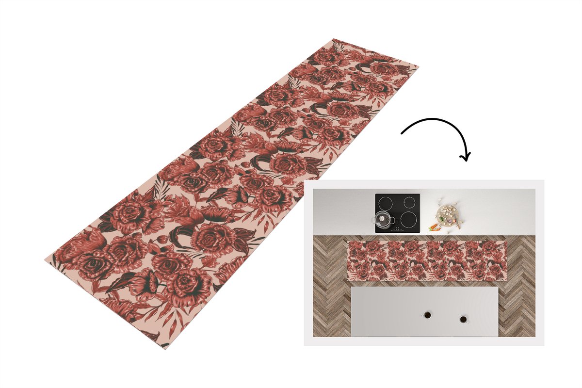 KitchenYeah Keukenloper 200x50 cm - Keukenmat vinyl Roos - Patroon - Bloemen - Keukenmatten loper - Keuken vloerkleed tapijt Rozen
