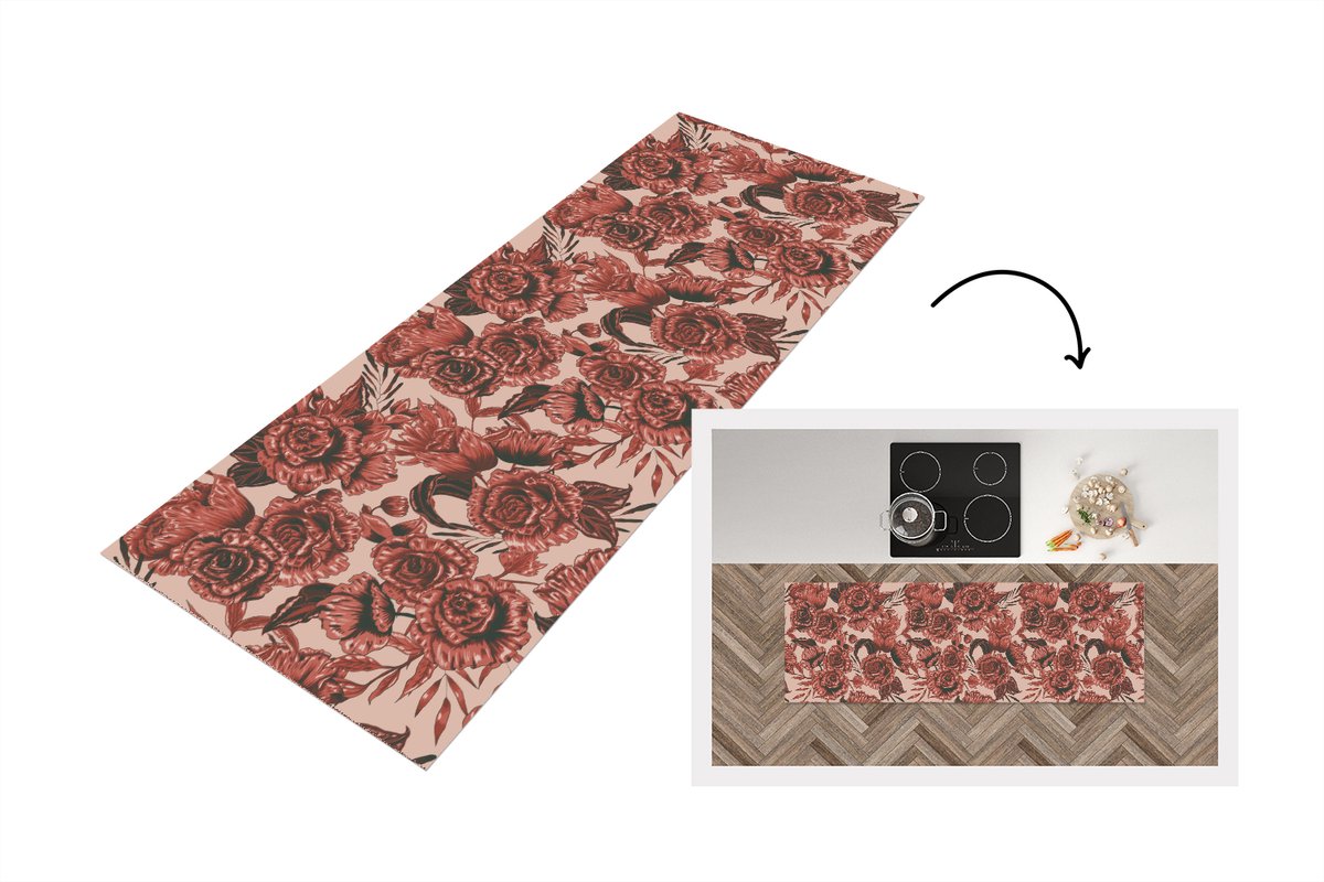 KitchenYeah Keukenloper 150x50 cm - Keukenmat vinyl Roos - Patroon - Bloemen - Keukenmatten loper - Keuken vloerkleed tapijt Rozen