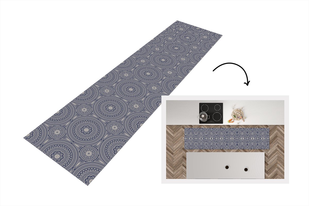 KitchenYeah Keukenloper 240x60 cm - Keukenmat vinyl Mandala - Blauw - Patroon - Abstract - Keukenmatten loper - Keuken vloerkleed tapijt