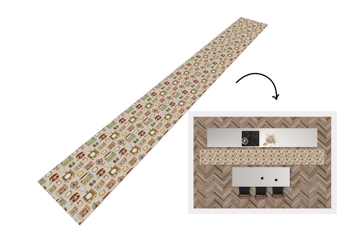 KitchenYeah Keukenloper 480x60 cm - Keukenmat vinyl Radio - Telefoon - Retro - Patroon - Keukenmatten loper - Keuken vloerkleed tapijt