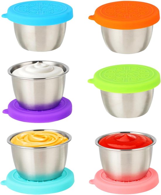 Foto: Allecto premium set van 6 rvs dressing containers met saushouder ideaal voor dips en bentos lekvrije salad dressing container geschikt voor kleine vriezers 