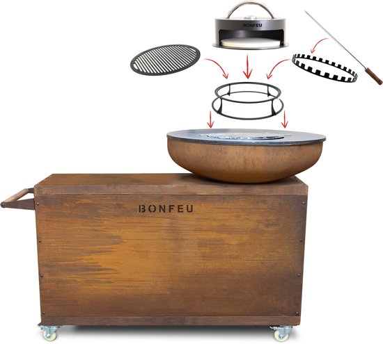 BonFeu BonBiza Island XL - Mobiele Buitenkeuken met Vuurschaal 100 cm en Plancha - Cortenstaal BBQ met Opbergruimte & Zwenkwielen - Outdoor Kookeiland 135x65x110 cm van BonFeu — afbeelding 4