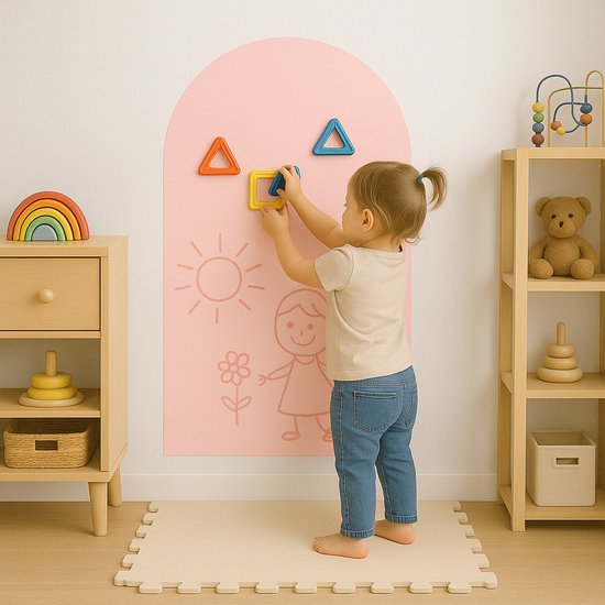 LuukyBB - Magneetbord Kinderkamer Boog - Roze - L - Inclusief Accessoires- Magneetsticker Krijtbord Muur Kind Schoolbord Muursticker - Magnetische Montesorri Bouwstenen - Boogvorm Sticker Behang Decoratie - Zelfklevend Krijtfunctie
