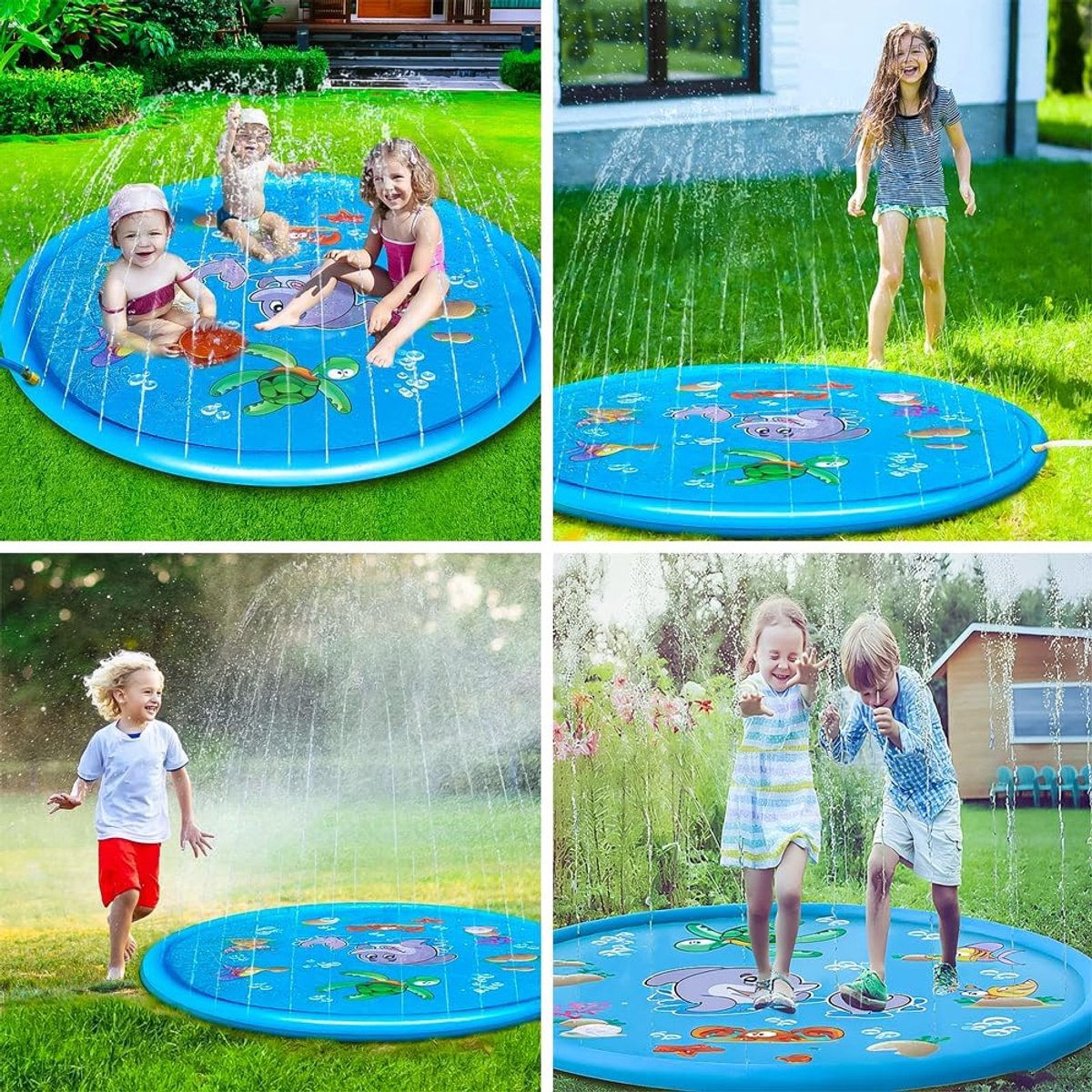 170 cm extra grote ronde dolfijn sproeier en water speelmat—verdikte antislip water sproeier mat opblaasbaar water speelgoed,—cadeau voor kinderen en honden,—zomer tuin buiten spelen (blauw) – foto 5