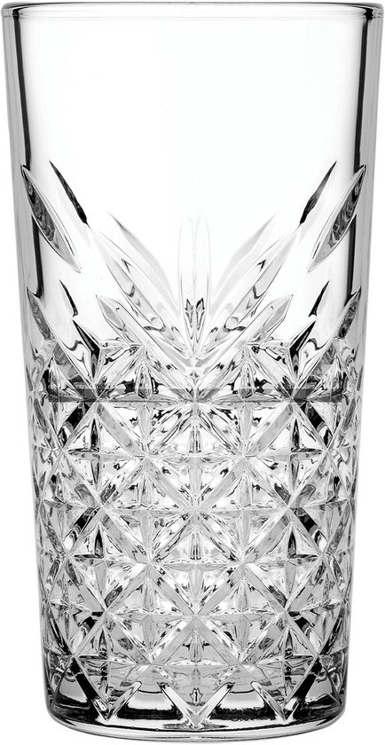 Verre transparent à long drink avec un motif détaillé en forme de diamant et d'étoile.