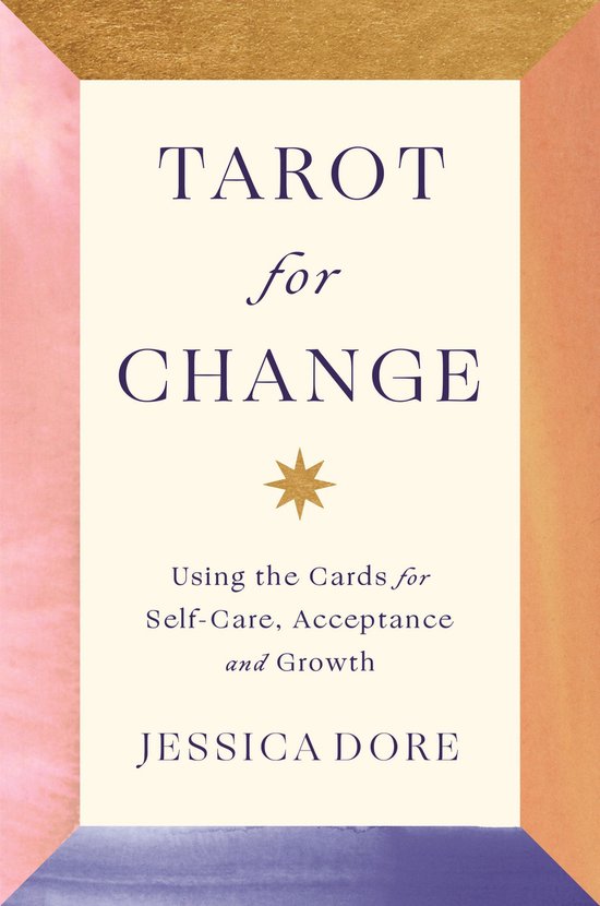 Boek kaft met de titel 'TAROT for CHANGE' in paarse letters, met gouden en roze randen.