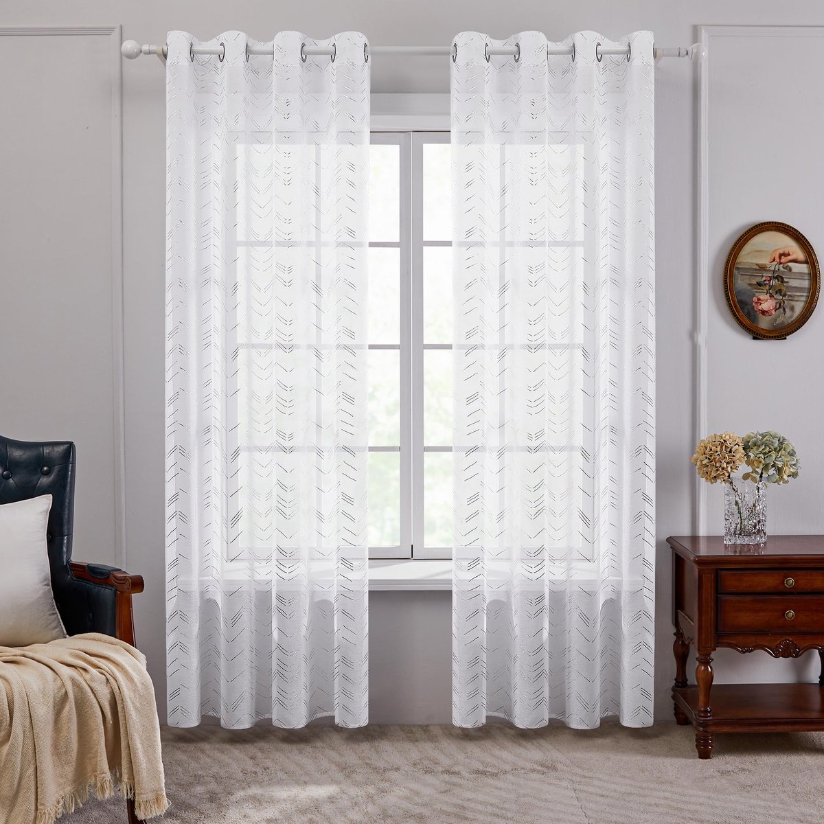 Ibenzoa Stijlvolle halftransparante gordijnen met ringen voor woonkamer en slaapkamer, modern lijnpatroon, 290 x 140 cm, witte set