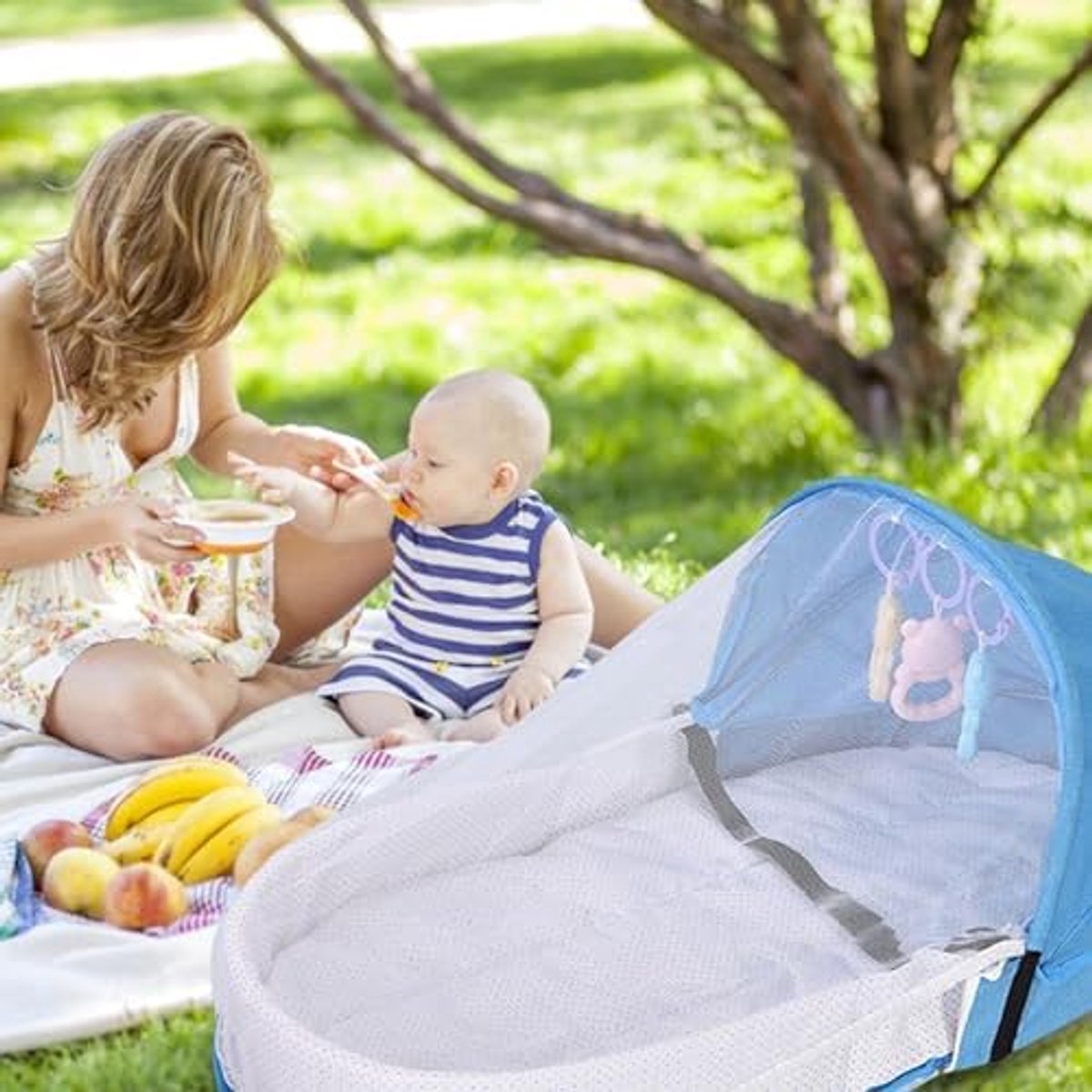 Draagbare Babywieg - Opvouwbaar Reisbedje - Baby Campingbedje - Met Speeltjes - Klamboe & Zonnekap - Lichtgewicht Babybed - 0-10 Maanden - Baby Nest Voor Buiten & Binnen - Makkelijk Mee Te Nemen - Blauw - 80x40x45 cm – foto 5