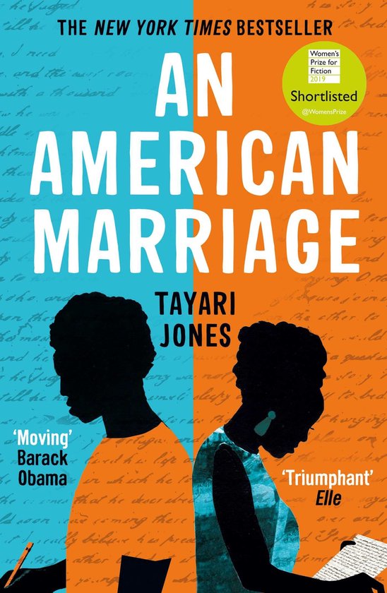 Boekomslag van 'An American Marriage' van Tayari Jones, met silhouetten van een man en vrouw tegen een oranje en blauwe achtergrond. Bekroond met "Women's Prize for Fiction 2019 Shortlisted".