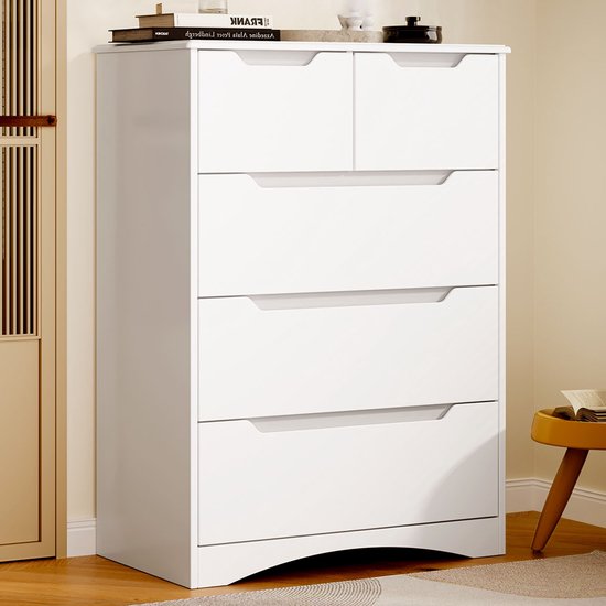 Xbro Ladekast met 5 Ruime Laden – Commode met Uitgesneden Handgrepen en Kantelbeveiliging – Voor Slaapkamer, Woonkamer of Kantoor – Wit – 72 x 41 x 94 cm