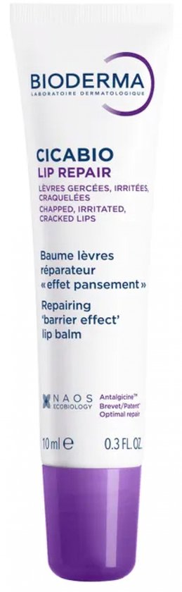 Tube blanche avec capuchon violet. Baume à lèvres réparation Cicabio Bioderma 10 ml.