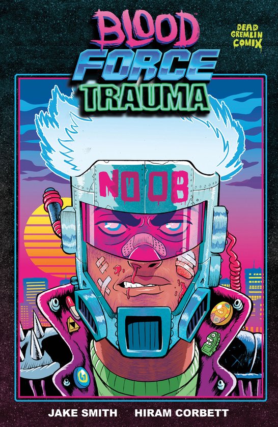 Pulp art cover: man met blauw/groene helm met 'NO OB' erop, fel roze bril, witte kuif, cyberpunk stadsgezicht achtergrond.
