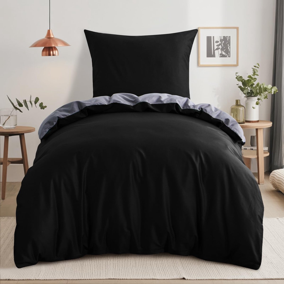 Ibenzoa® Beddengoedset van 100% katoen met omkeerbaar ontwerp en ritssluiting, tweekleurig zwart en grijs