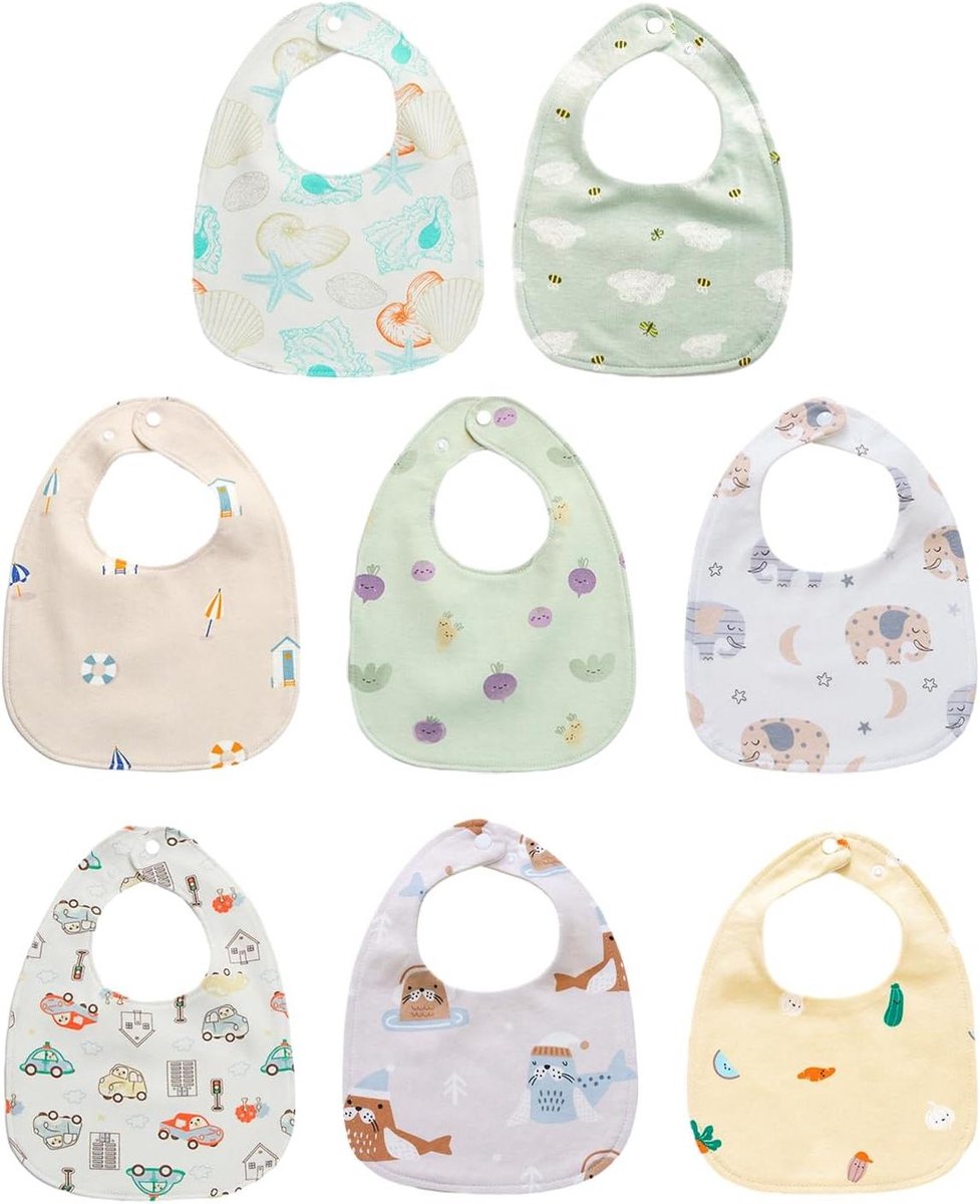 Allecto Premium - 8-pack absorberende babyslabbetjes van katoen | peuterbandana met verstelbare drukknoop | sabber-slabbetjes voor 0-36 maanden | Meerkleurig | 20 x 27 cm.