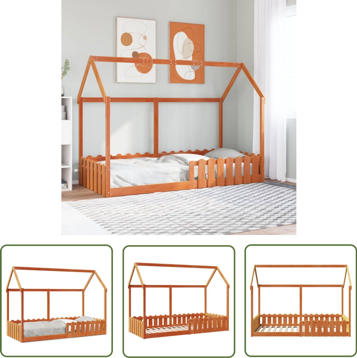 vidaXL Houten Bed - Kinderbed - Bedhuis wasbruin massief grenenhout 90x190 cm - Kids Bed - Bedhuis - Baby Kamer