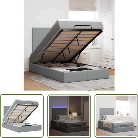Lit coffre-fort vidaXL Boxspring - Lit ottoman - Lit ottoman avec matelas et LED 120x190 cm tissu gris clair - Confort de couchage - Siècle des Lumières LED - Lit coffre-fort