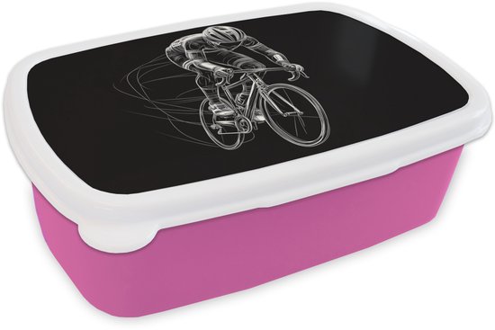 Foto: Broodtrommel roze lunchbox lijntekening wit wielrennen snelheid brooddoos 18x12x6 cm brood lunch box broodtrommels voor kinderen en volwassenen