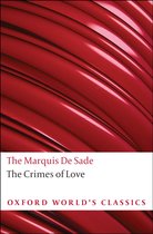 Boekomslag voor 'The Crimes of Love' van The Marquis De Sade, 'Oxford World's Classics', met rode golvende achtergrond.