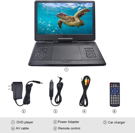 RFWR® Draagbare DVD Speler voor Auto en Kinderen - 14 inch HD Scherm, Oplaadbare Batterij en Draaibaar Ontwerp — afbeelding 5
