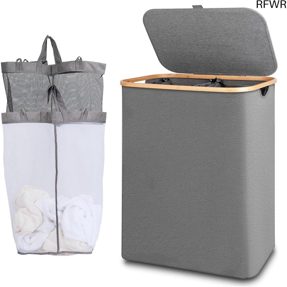 RFWR® Grote Wasmand met 2 Compartimenten en Deksel - 150 Liter, Opvouwbaar en Wasbaar