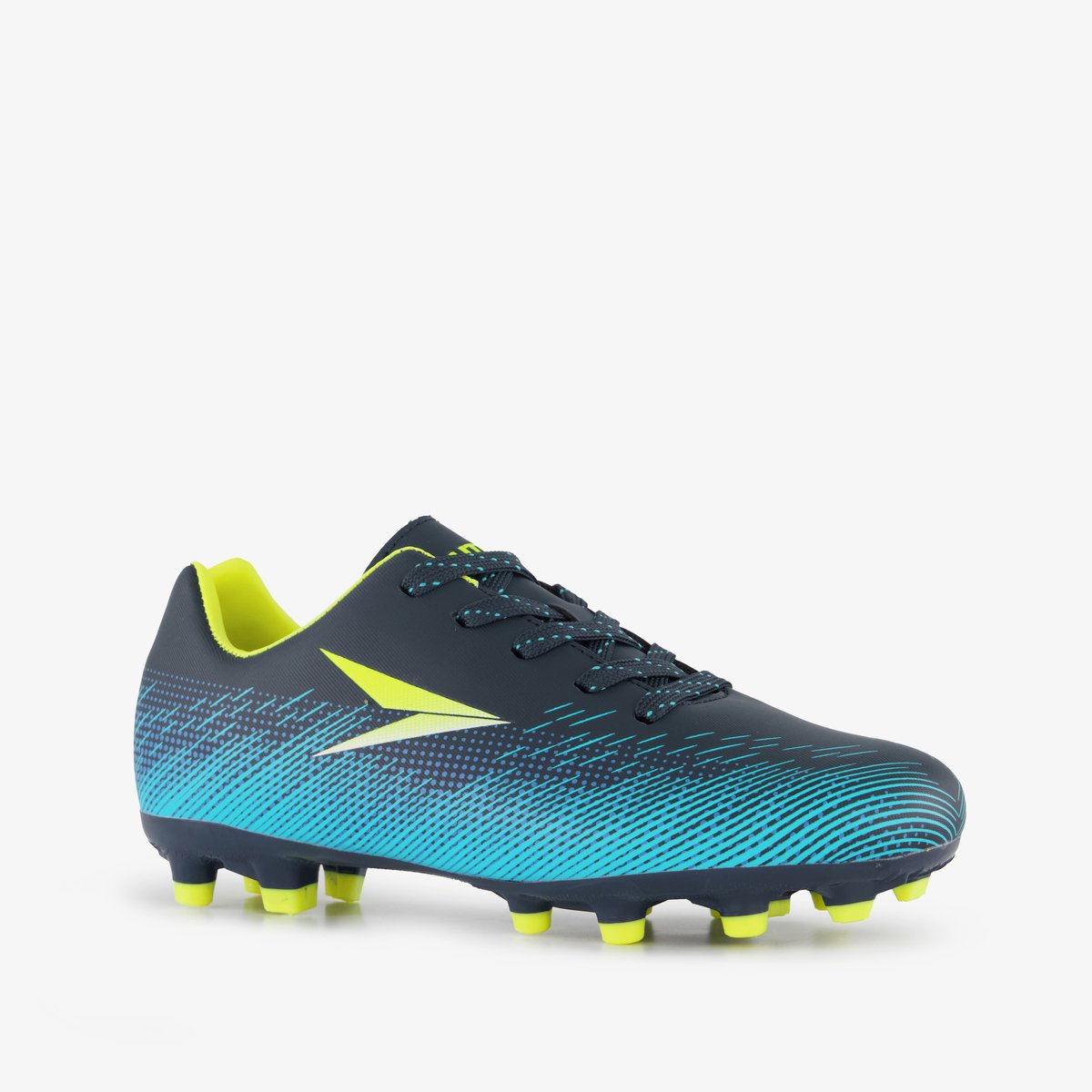 Blauw-gele Dutchy Vision FG voetbalschoenen voor kinderen, maat 37, met rubberen Firm Ground zool voor grip.