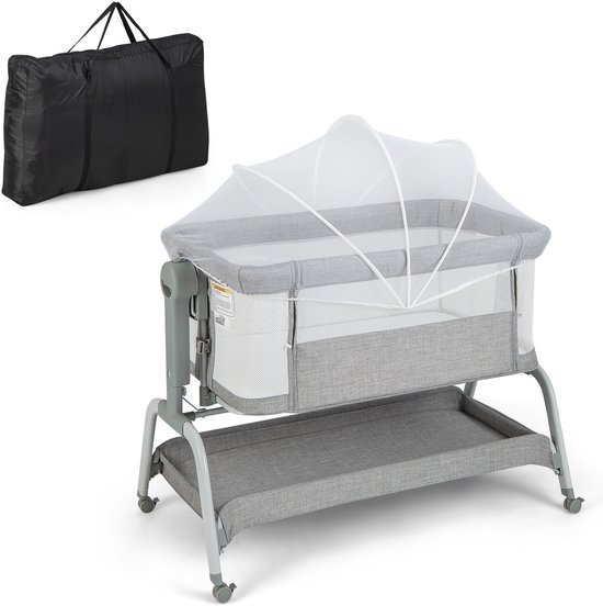 COSTWAY 3-in-1 bijzetbed, reisbed voor baby met matras, babybed 6-voudig in hoogte verstelbaar met opbergmand & draagtas, draagbare wieg met wielen voor baby tot 6 maanden (Grijs COSTWAY 3-in-1 bijzetbed, reisbed voor baby met matras, babybed 6-voudig in hoogte verstelbaar met opbergmand & draagtas, draagbare wieg met wielen voor baby tot 6 maanden (Grijs