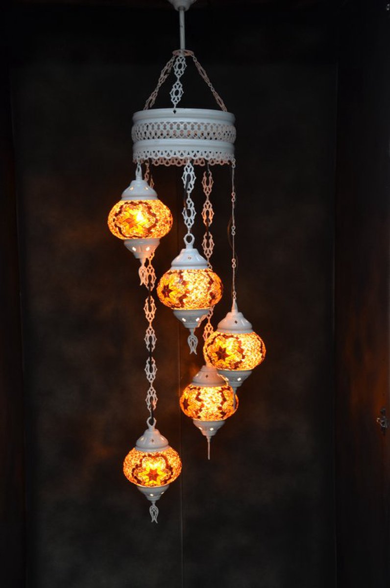 Hanglamp multicolour bruin glas mozaïek 5 bollen Turkse Oosterse Crèmewit Marokkaanse kroonluchter