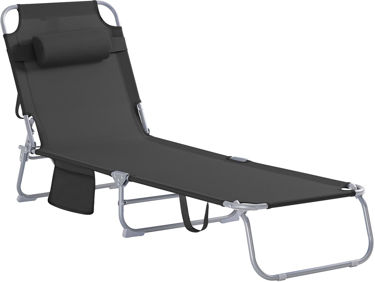 SoBuy Opvouwbare Ligstoel, Verstelbare Tuinligstoel met Hoofdsteun en Opbergzak, Ergonomische Relaxstoel voor Buiten,Tuin, Balkon en Terras, Zwart, OGS35-SCH