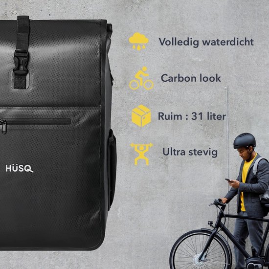 HÜSQ Fietstas - enkele Fietszak van 31 Liter - Sterk en Waterdicht - Laptop Bescherming - Afneembaar - Schouderband - Zwart van HÜSQ — afbeelding 2
