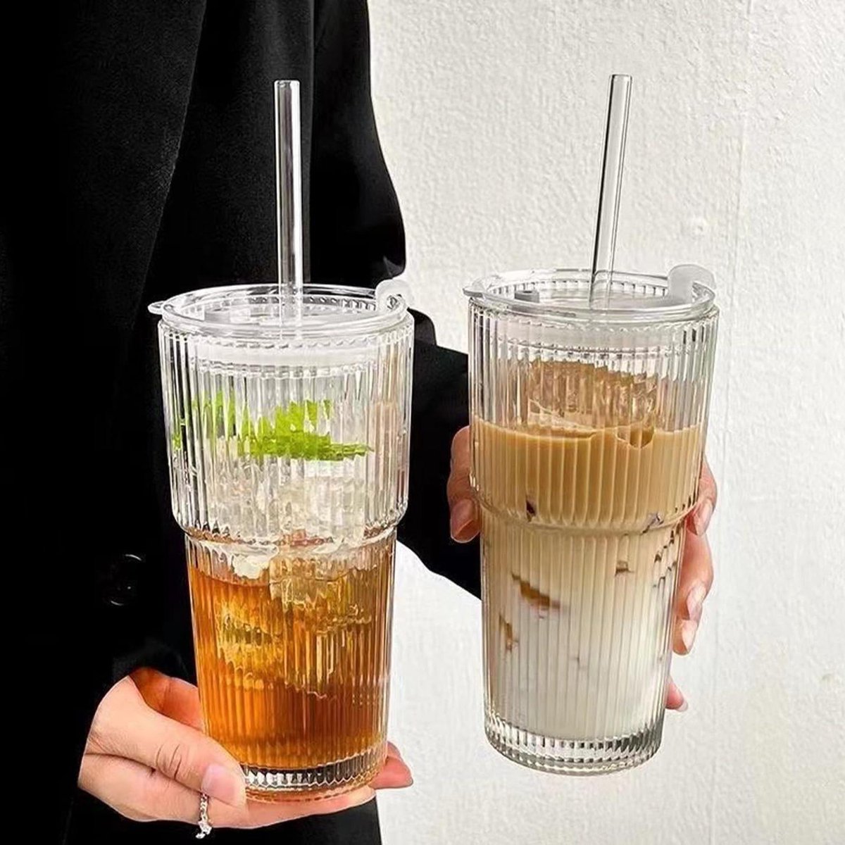 Zeynomax - Glazen bekers 600 ml met deksel en rietje - Matcha-glas - Ijskoffieglas - Smoothiebeker - Luchtdicht waterdicht design - Reisbeker - Ijskoffiebeker - 2 stuks - Duurzaam en praktisch - Geschikt voor onderweg.