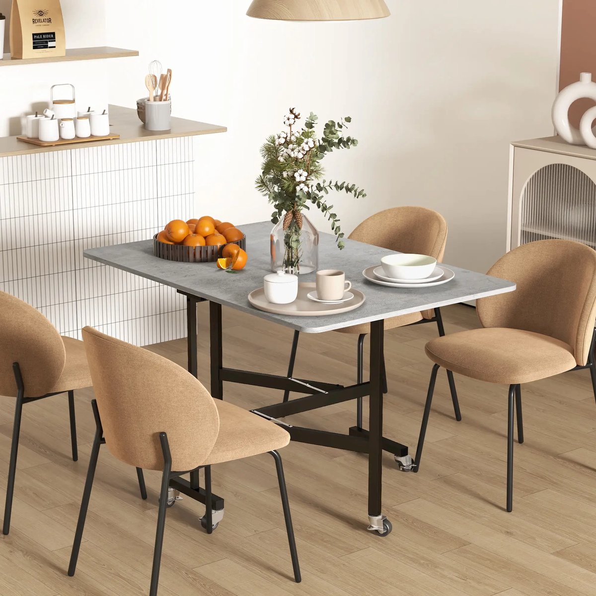 Pugsdrly Eettafel voor 4-6 personen, klaptafel met wieltjes, stalen frame, 52,5-120 x 80 x 73 cm, grijs