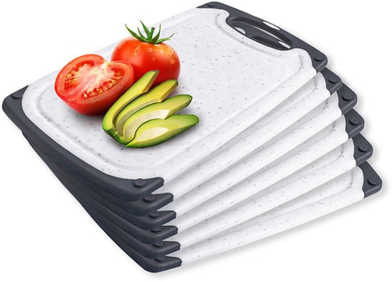 Lot de 4 planches de petit-déjeuner avec glissière à jus, planche à découper, va au lave-vaisselle, gris, plastique, antidérapant, sans BPA, planches de petit-déjeuner en plastique