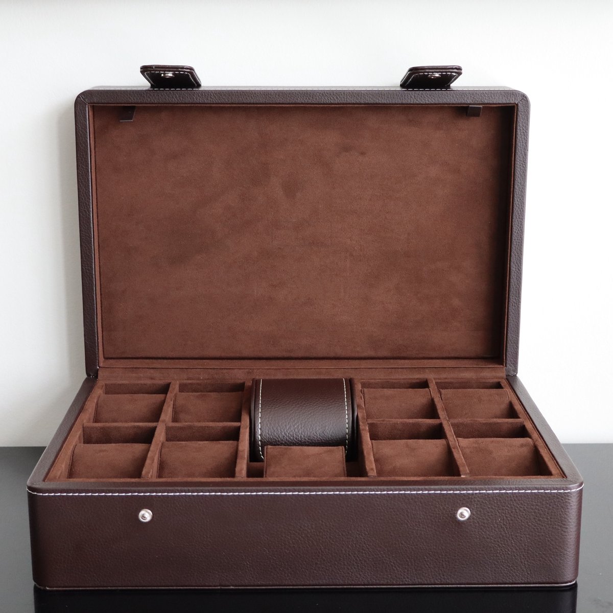 Horlogerieshop.nl | Horlogedoos Donkerbruin leder 10 Horloges Leanschi + gratis Watch Pouch