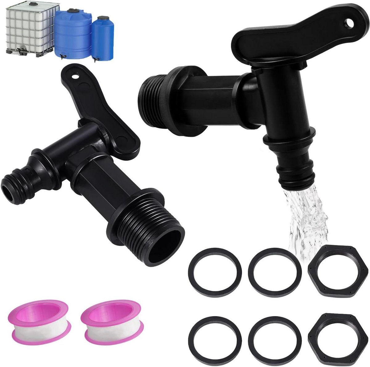 Allecto Plus - Aftapkraan regenton - Set van 2 stuks - Kunststof reservekraan - Zwarte 3/4 inch afvoerkraan met afdichting - Borgmoer - Afdichtband - Tuinwaterreservoir & waterton