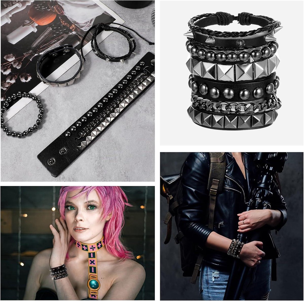 Newellsail Leren armband met klinknagels, gothic, punk, leer, vintage, verstelbare stud handriem voor Halloween party, 3 stuks (zwart), 3 Stück, Leer