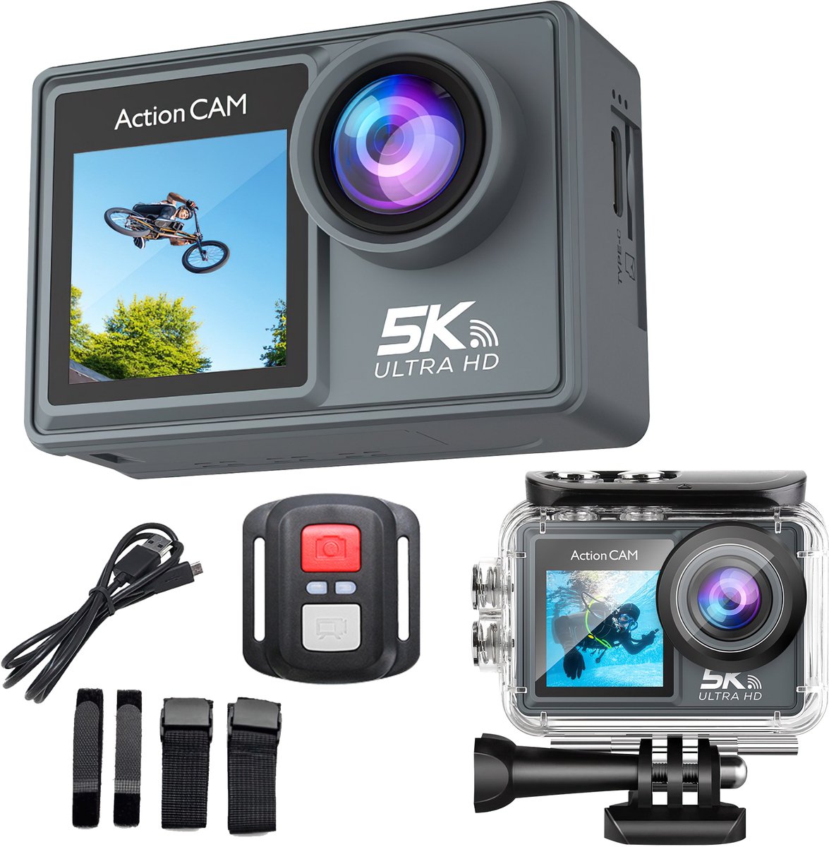NexZone - Action Camera - Waterdicht 30m - 5K Ultra HD - Actie Camera - 60fps - Wifi - Onderwatercamera - Actioncam - Dubbel Scherm - Beelstabilisatie - Incl. Accessoires