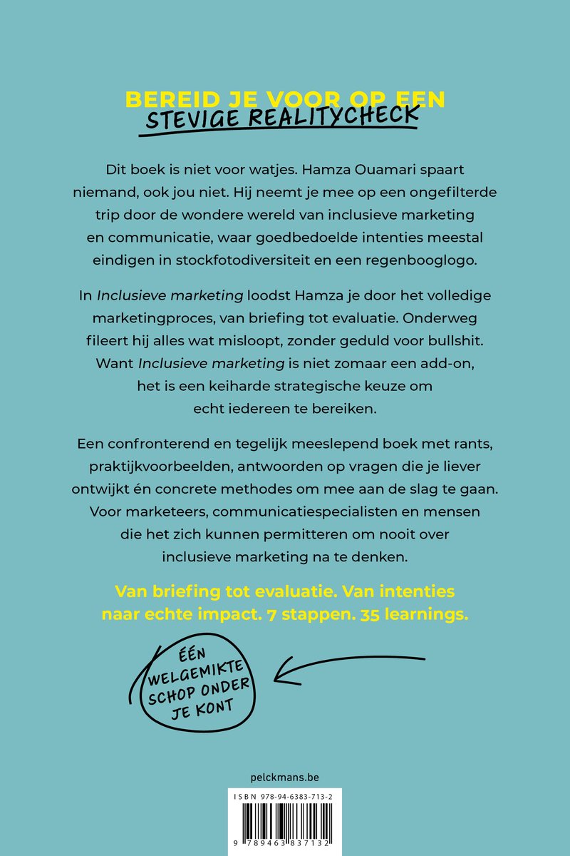 Achterkant van boek 'Inclusieve marketing', blauwe achtergrond met gele tekst en een tekstballon.