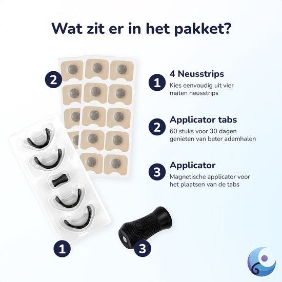 Inhoud van het pakket: neusstrips, applicator tabs en magnetische applicator.