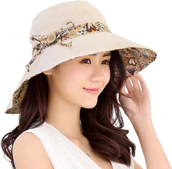 Chapeau de soleil - Femme - Réversible - Protection UV UPF 50+ - Chapeau de plage - Pliable - Large bord - Beige