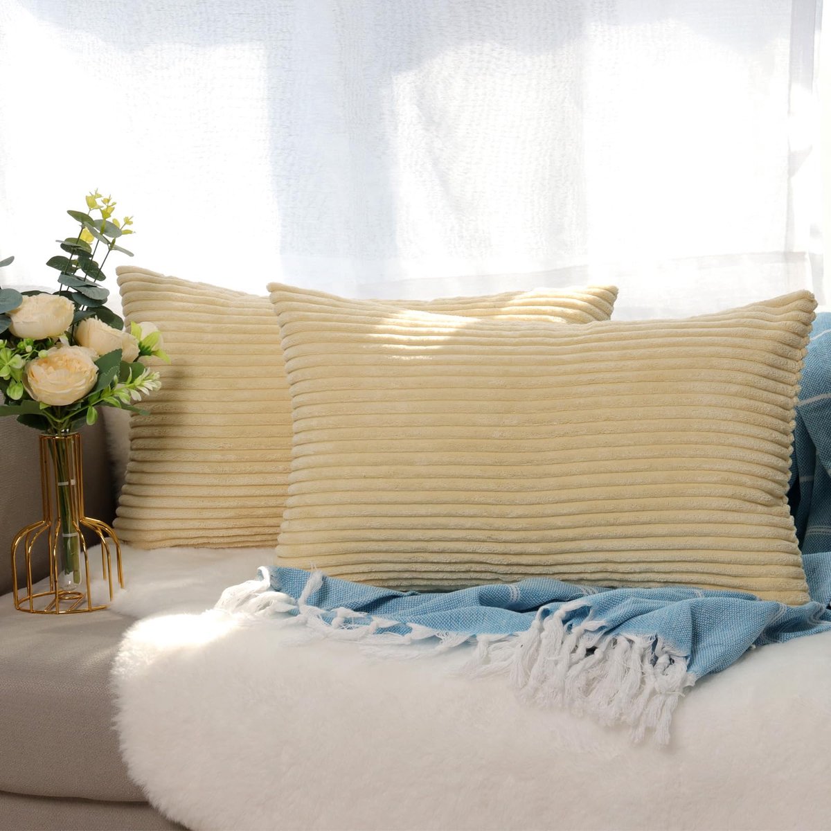 Ibenzoa Kussensloop Set van 2 in Zachte Corduroy voor Sier- en Bankkussens, Meerdere Kleuren beige