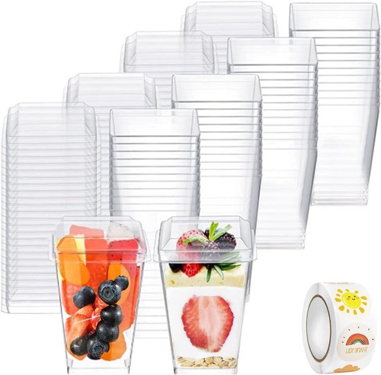50 Stuks Transparante Vierkante Dessertbekers 160ml + 50 Lepels - Herbruikbaar Voor Mousse, IJs, Cake En Desserts