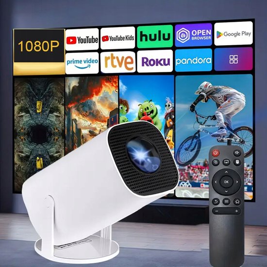 Mini Projector - 2+16G RAM - 1080P - Android 12.0 5G WiFi - Bluetooth 5.0 - 180° Verstelbare Hoek - Wit