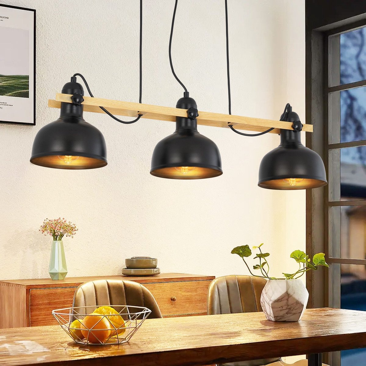 NETTLIFE Hanglamp E27 - 3-Lichts - Zwart - IJzeren - draaibaar Eetkamerlamp - Vintage - vo