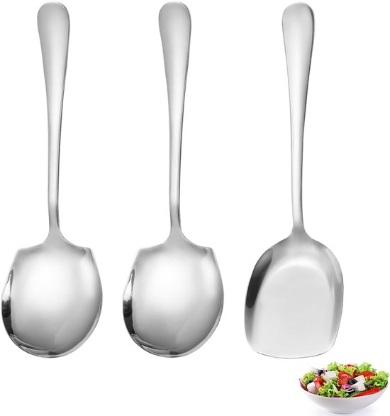 SNQ 3-delige serveerlepel van roestvrij staal - slalepels van roestvrij staal en slavorken van roestvrij staal, slalepel, grote lepel, eetlepel, voor banket, buffet, restaurant, voorlegbestek