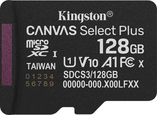 Zwarte Kingston 128GB micro SDXC Canvas Select Plus geheugenkaart met paarse strip en gouden contacten.