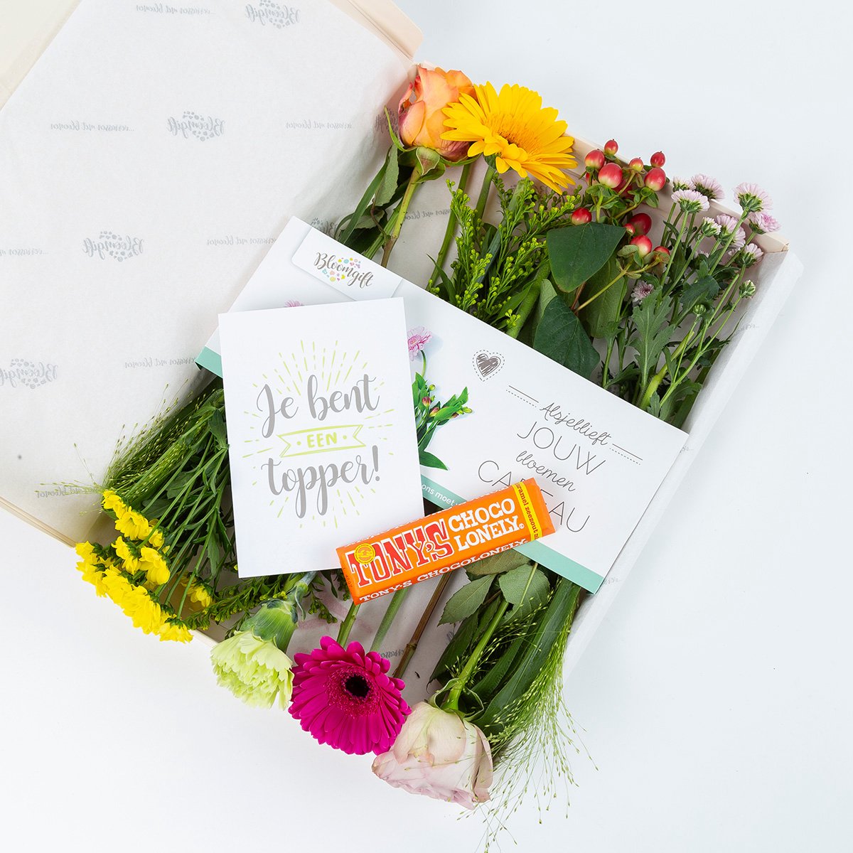 BloomGift | Brievenbus bloemen | Je bent een Topper | Gemengd Boeket | Incl. Tony's Karamel reepje