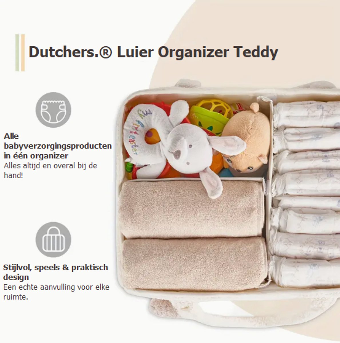 Dutchers.® Luier Organizer - Baby Organizer - Teddy - Netjes & Overzichtelijk - Praktisch & Compact - Baby Opbergmand - Ideaal voor in de Babykamer & Woonkamer - Alles Bij de Hand - Kraamcadeau - Cadeau voor Babyshower - Commode Mandje – foto 2